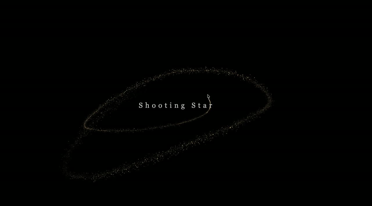 Thin glowing elliptical trails sweeping around small serif text on black.