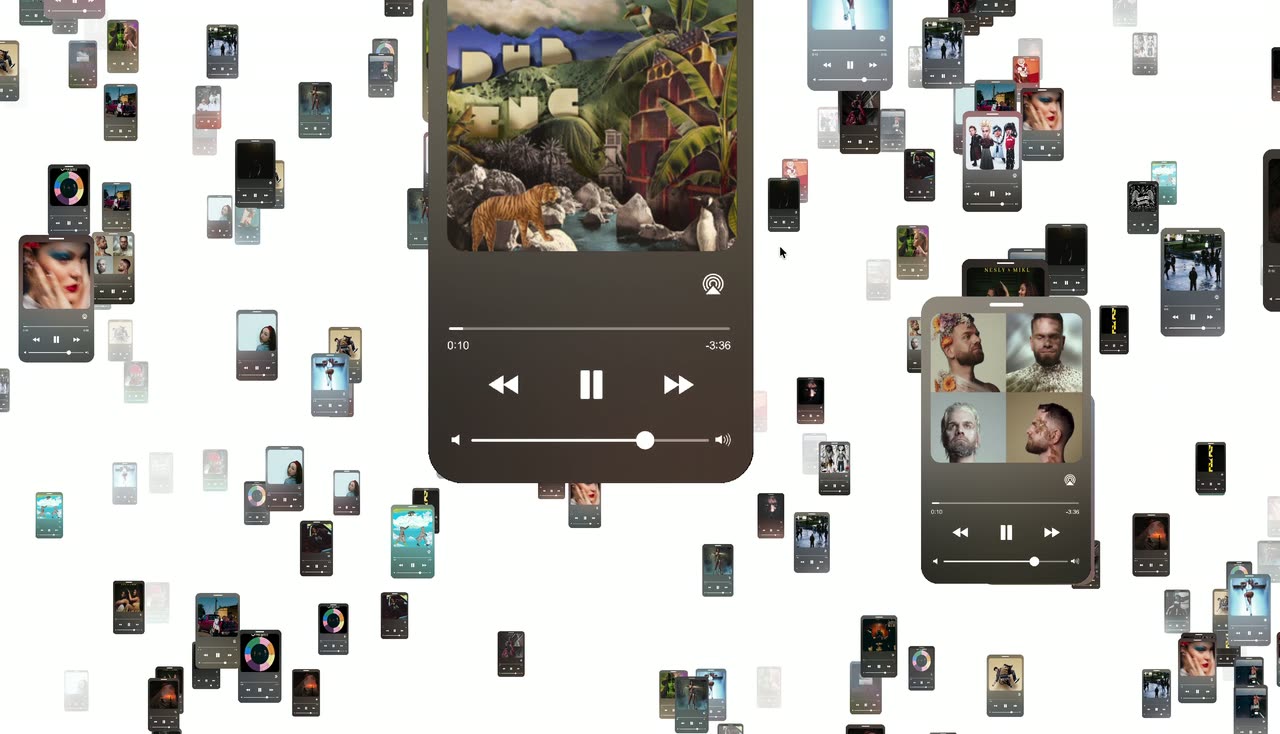 A white space filled with small phone-screen and album-style thumbnails drifting toward the camera.