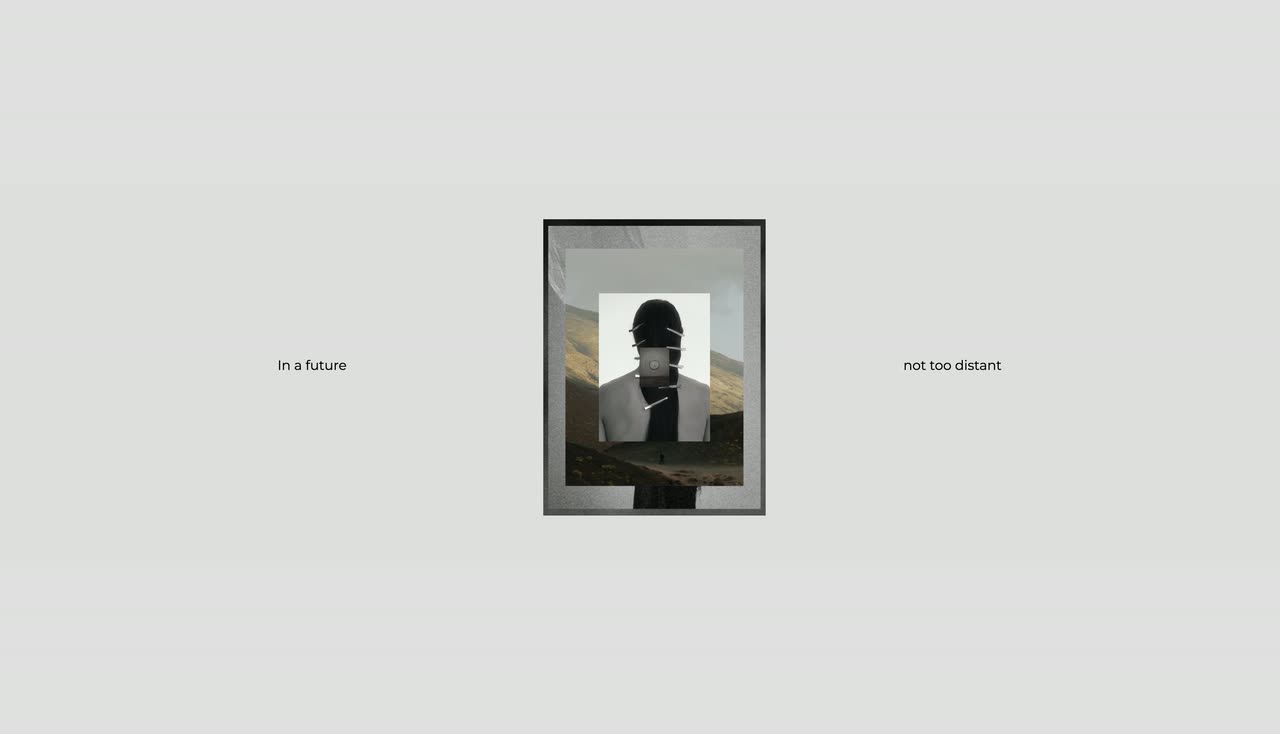 A small framed photo between short phrases on light grey, then many images scattering around the page.