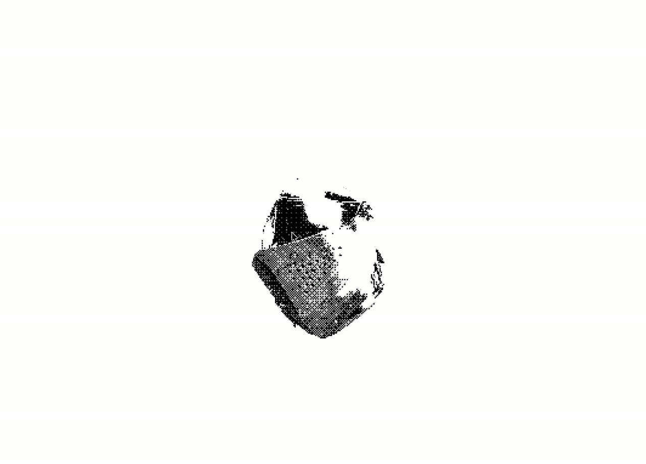 A helmet-like 3D object turning on a white background, rendered as a coarse black dither pattern.