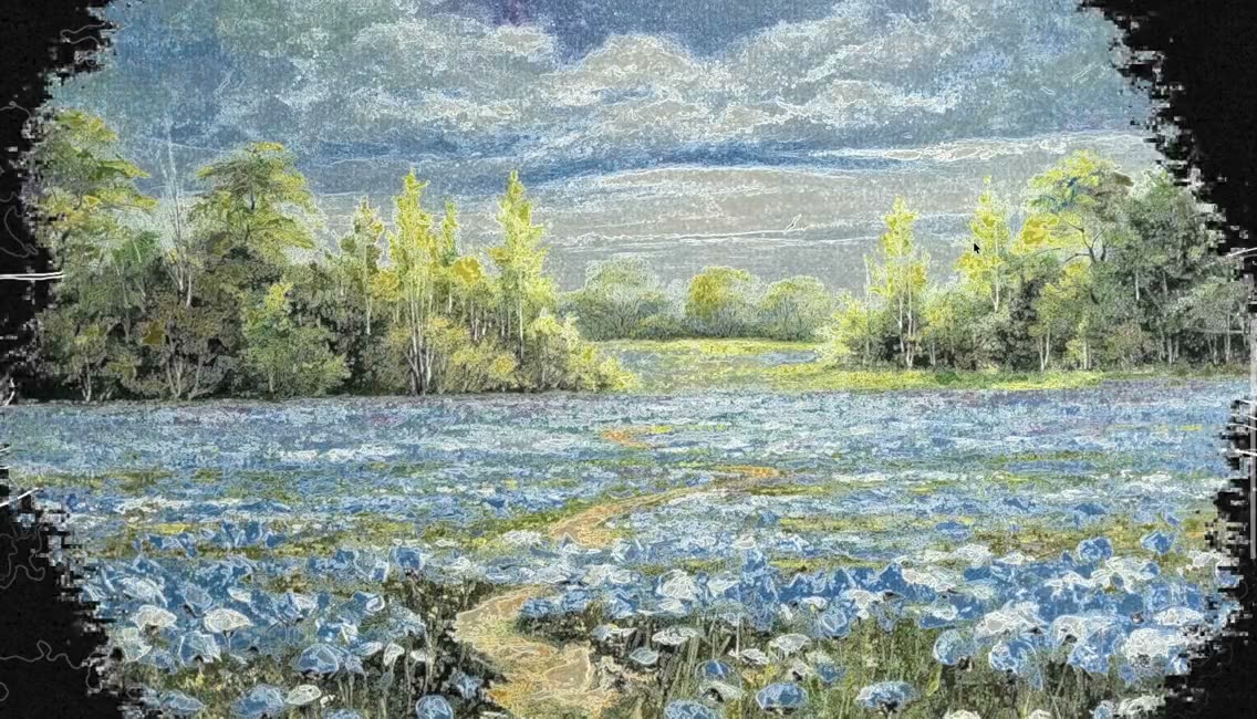 Two drawn hands on stone grey meeting in a spark, then a landscape painting with a title and an edge-traced burst.