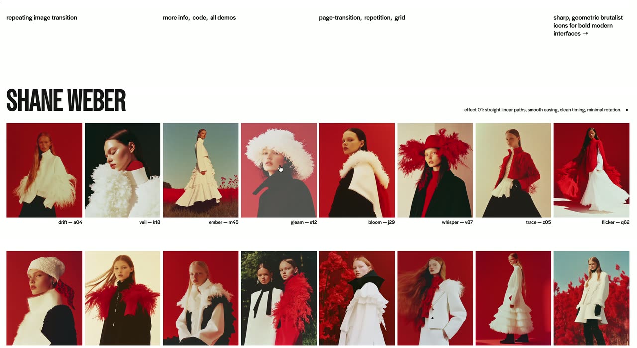 Two rows of fashion portraits where a selected image fans out in repeated red-tinted steps into a large view.