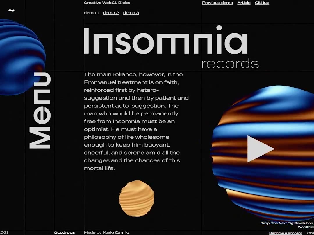 Striped blue and gold blobs morphing on black next to a large title and paragraph.