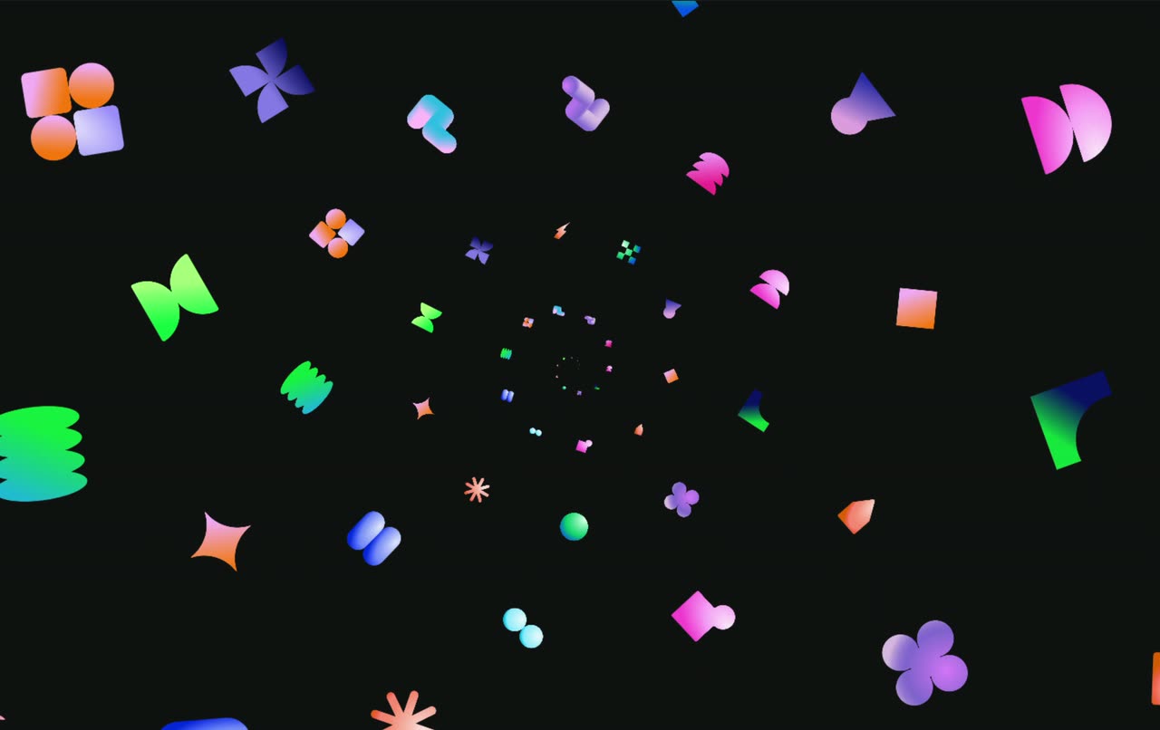 Bright shapes flying outward in a spiral tunnel on black.