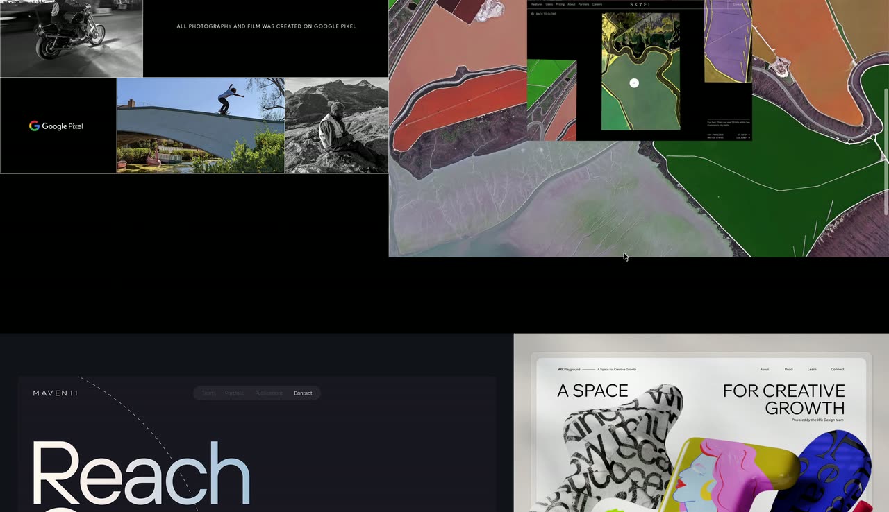 A row of website screenshots on black where the hovered item enlarges and neighbours shift.