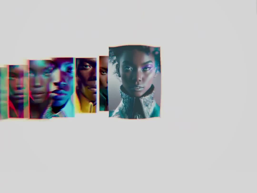 A large bulging portrait on light grey shrinking into a strip of RGB-shifted thumbnails and back.