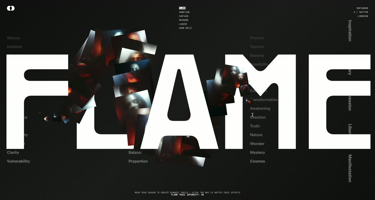 A huge white wordmark across a dark hero with small images appearing along the cursor trail.