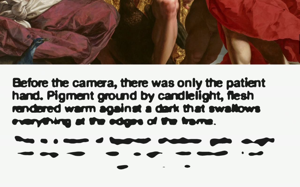 Red and white particles swirling on black and merging into a serif word above a start button.
