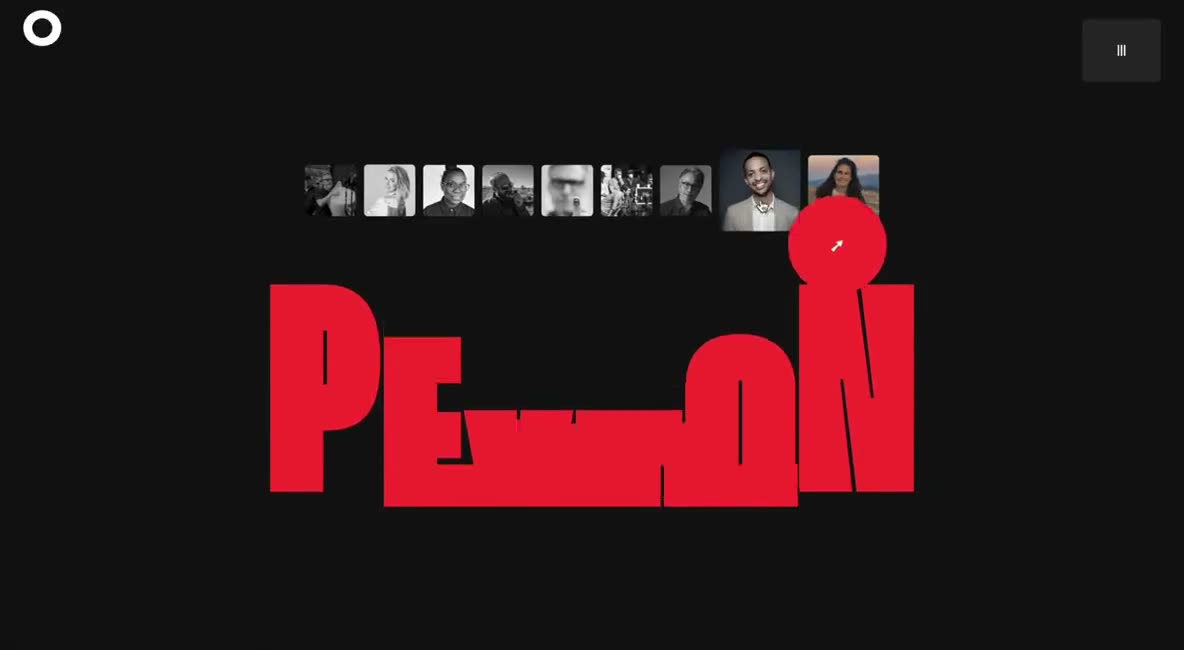 Small portrait thumbnails on black; the hovered person's name rises in tall red letters below.