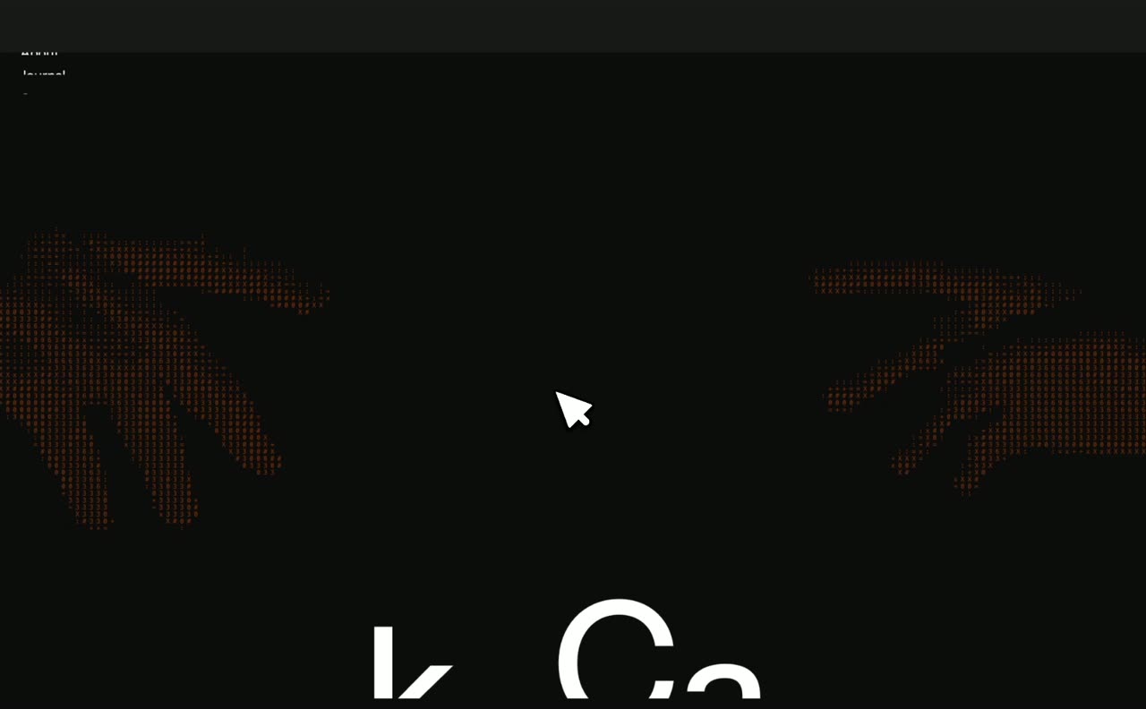A dark footer with large two-word text, a faint dotted hand graphic and orange squares appearing at the cursor.